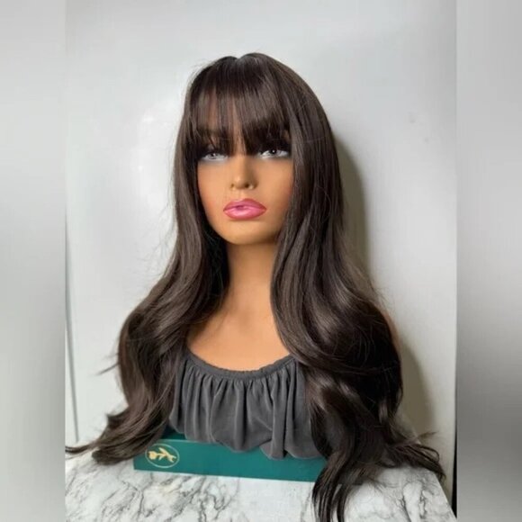 Chocolate Brown Wavy Wig with bangs Natural Luxury look - Picture 9 of 15
